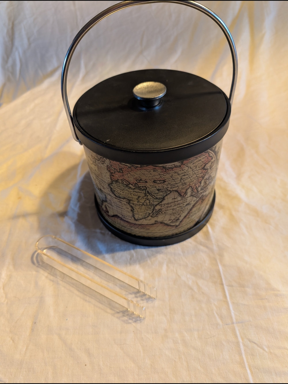 2/40$ Vintage Black and Map Pattern Ice Bucket with Clear Tongs